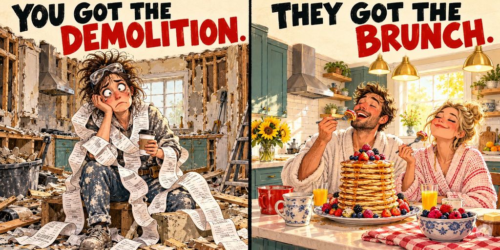 Two-panel cartoon: an exhausted seller wrapped in receipts amid demolition, then delighted new owners enjoying pancakes in the finished kitchen. You got the demolition. They got the brunch.